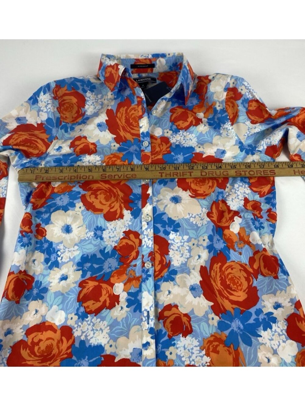 Lands End Size 2 No Iron Supima Cotton Blue Tangerine Zest Floral Button-Up Top - Picture 6 of 13